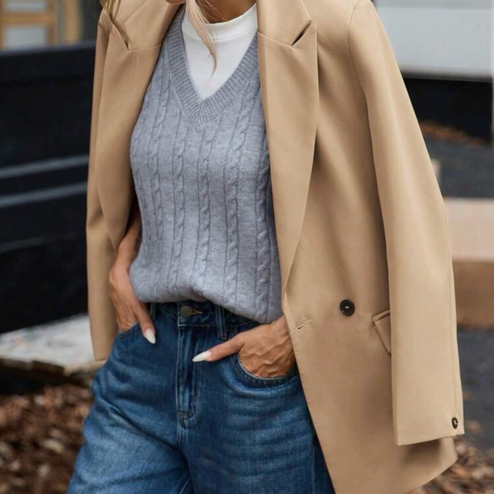 Modichic Beige Double Breasted Blazer Oversized Chic Fall Coat - Picture 5 of 6